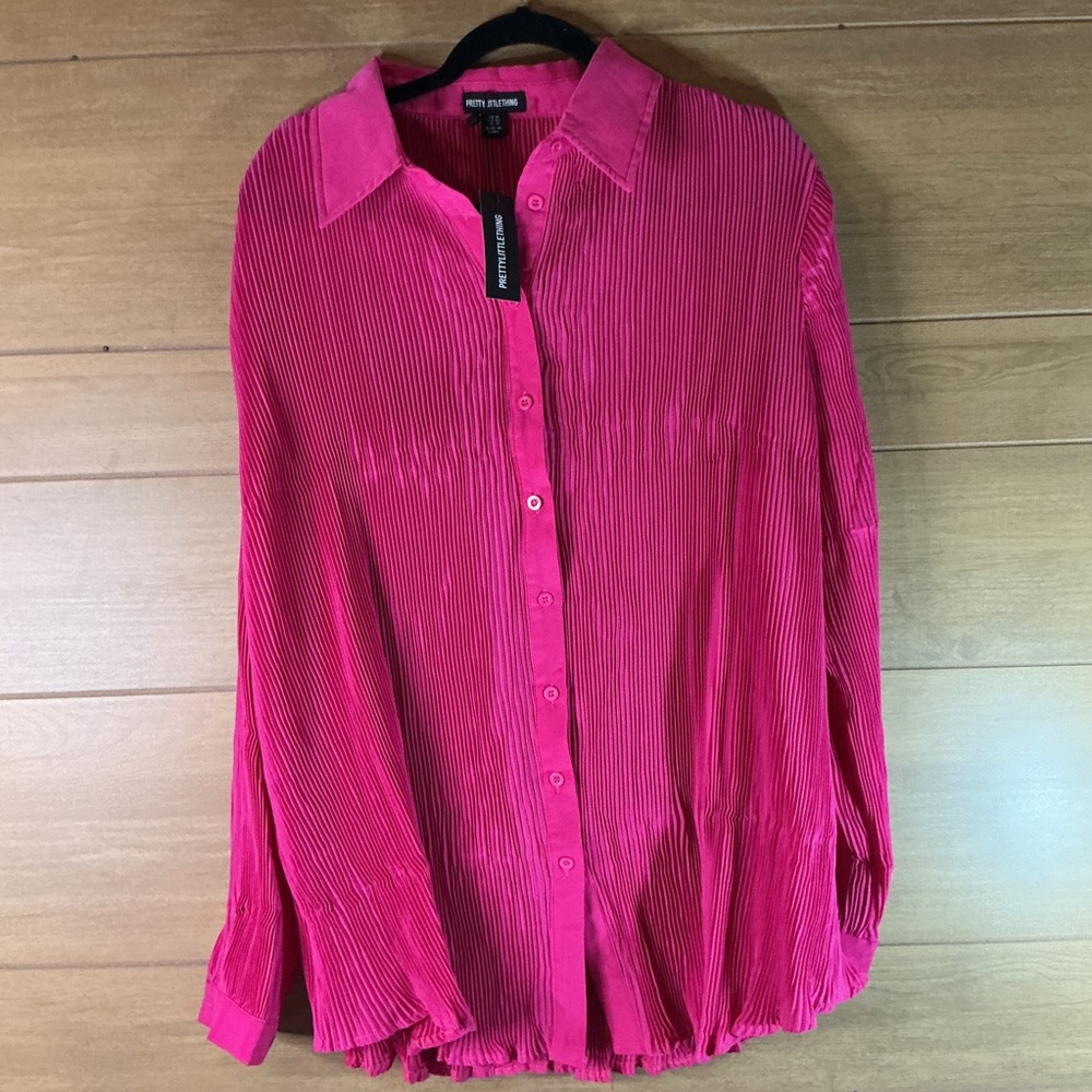 PrettyLittleThing Hot Pink Button Front Oversized Long sleeve Shirt size 10